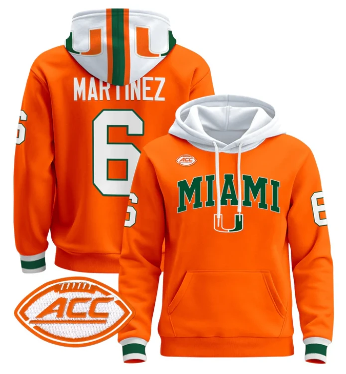 Men's Damien Martinez Hoodie #6 Miami Hurricanes 2024 Pullover V2 by Hoodie Pullover