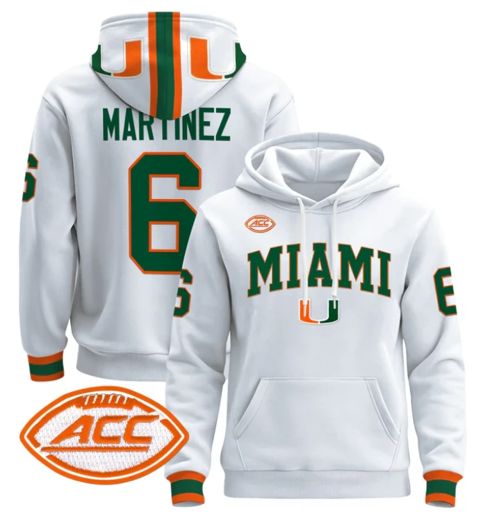 Men's Damien Martinez Hoodie #6 Miami Hurricanes 2024 Pullover V2 by Hoodie Pullover