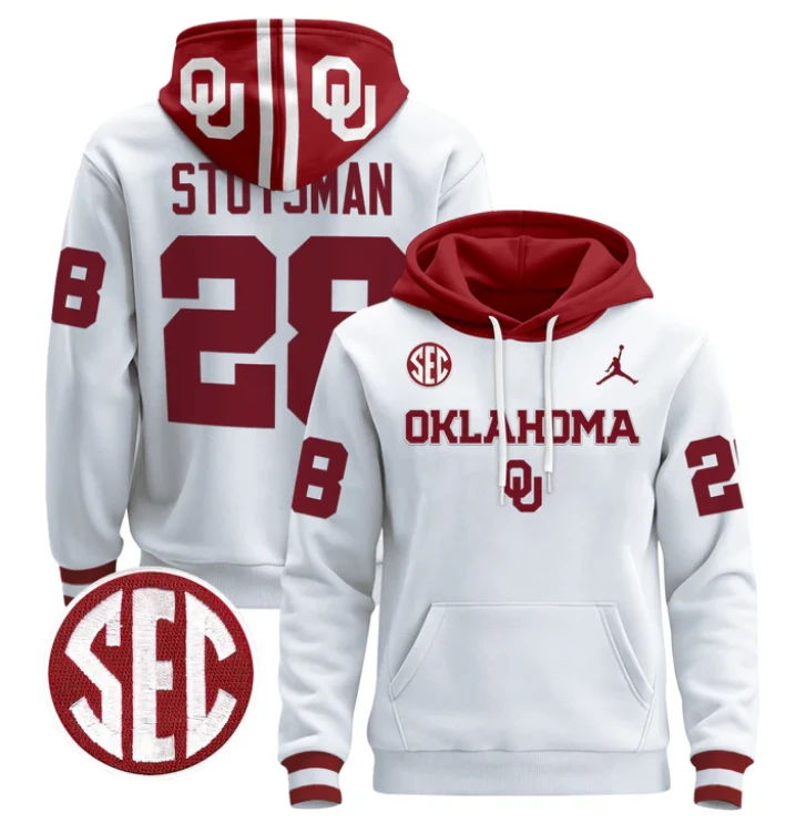 Men's Danny Stutsman Hoodie #28 Oklahoma Sooners 2024 Pullover by Hoodie Pullover