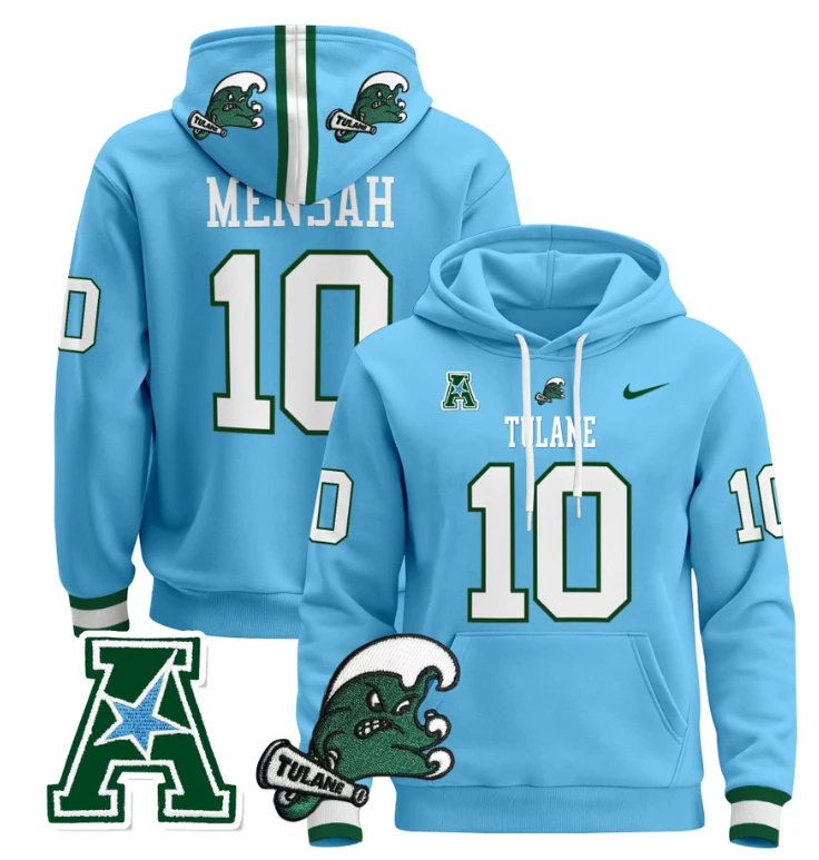 Darian Mensah Hoodie #10 Tulane Green Wave Pullover Blue Alternate by Hoodie Pullover