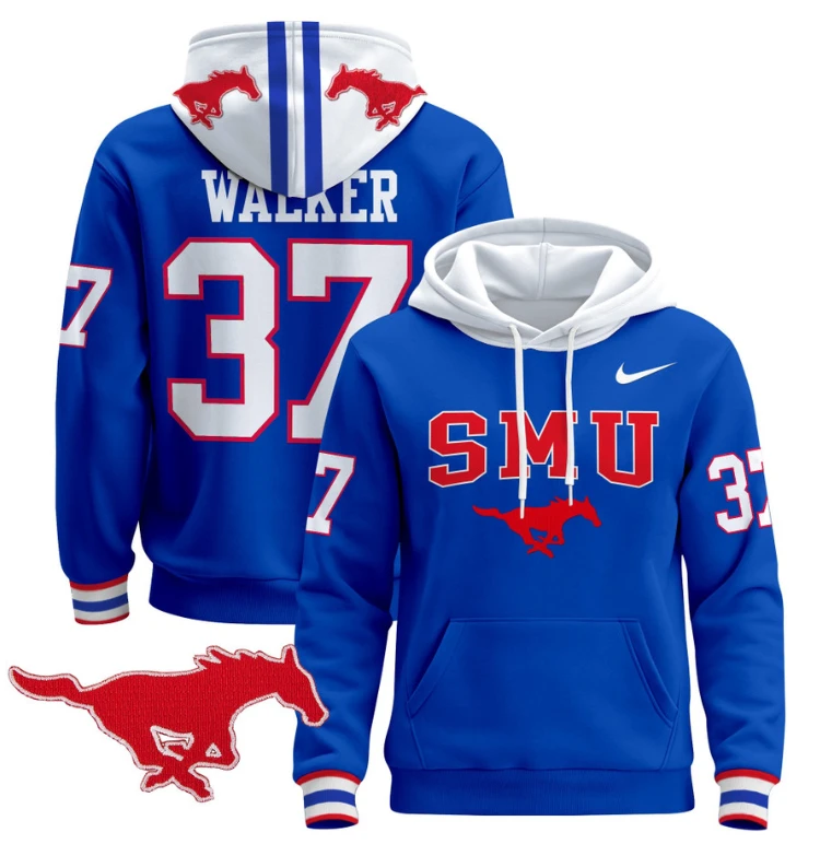 Men's Doak Walker Hoodie #37 SMU Mustangs Pullover V2 Stitched by Hoodie Pullover