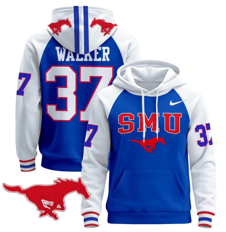 Men's Doak Walker Hoodie #37 SMU Mustangs Pullover V2 Stitched by Hoodie Pullover
