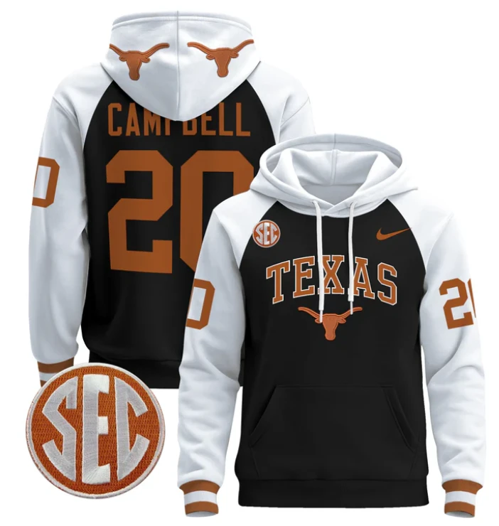 Men's Earl Campbell Hoodie #20 Texas Longhorns Pullover by Hoodie Pullover