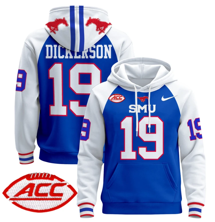 Men's Eric Dickerson Hoodie #19 SMU Mustangs Pullover ACC Patch by Hoodie Pullover