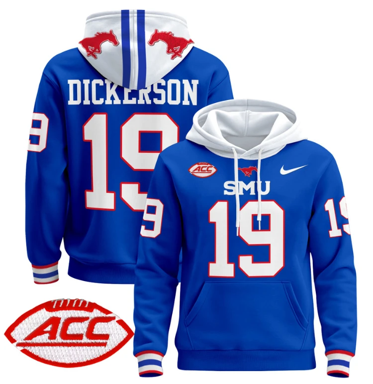 Men's Eric Dickerson Hoodie #19 SMU Mustangs Pullover ACC Patch by Hoodie Pullover