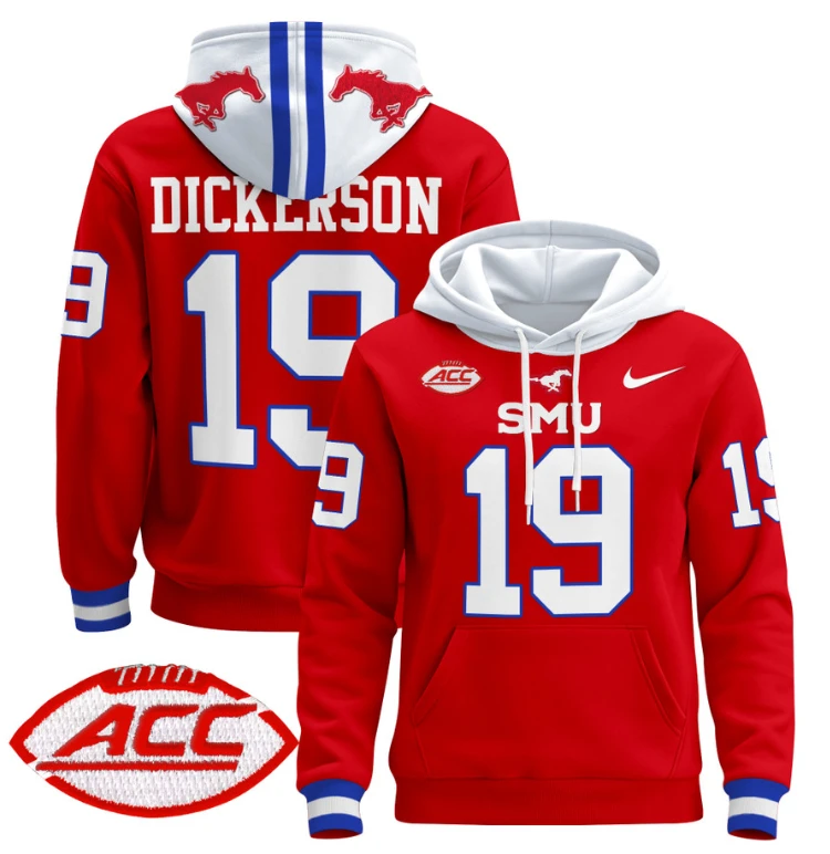 Men's Eric Dickerson Hoodie #19 SMU Mustangs Pullover ACC Patch by Hoodie Pullover