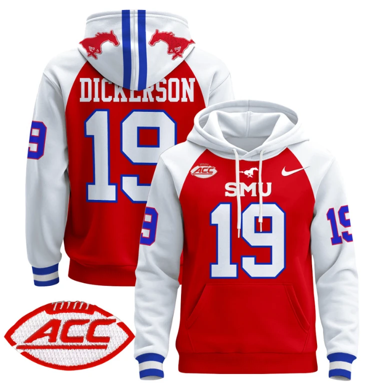 Men's Eric Dickerson Hoodie #19 SMU Mustangs Pullover ACC Patch by Hoodie Pullover