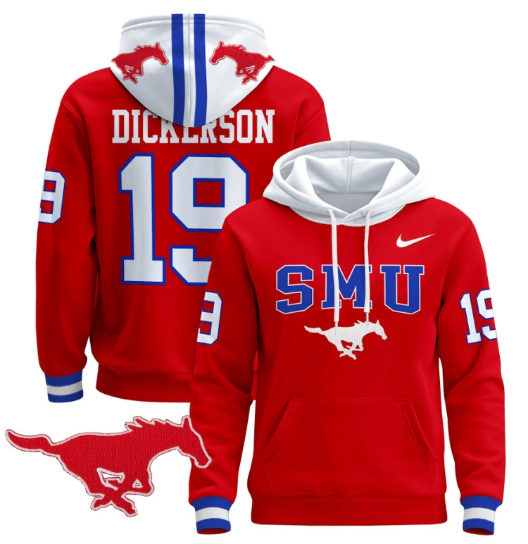 Men's Eric Dickerson Hoodie #19 SMU Mustangs Pullover V2 Stitched by Hoodie Pullover