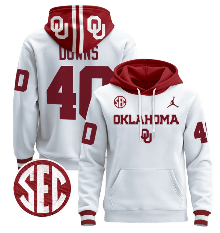 Men's Ethan Downs Hoodie #40 Oklahoma Sooners 2024 Pullover by Hoodie Pullover
