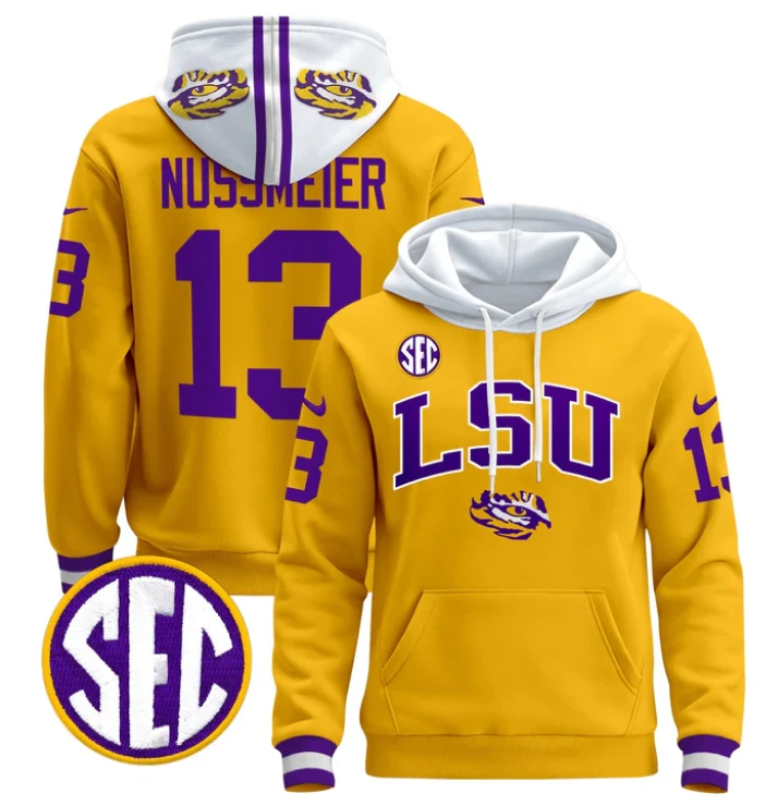 Garrett Nussmeier Hoodie #13 LSU Tigers 2024 Pullover Stitched by Hoodie Pullover