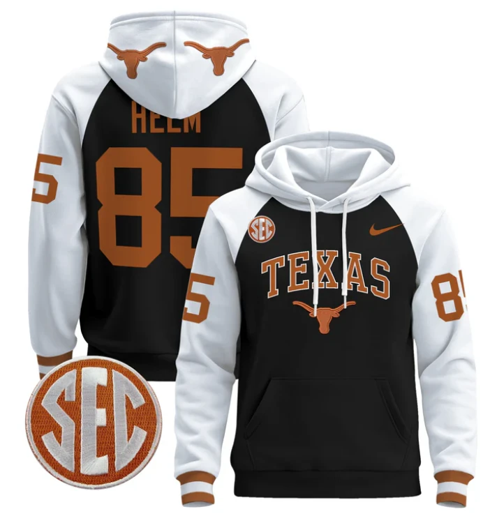 Men's Gunnar Helm Hoodie #85 Texas Longhorns Pullover by Hoodie Pullover