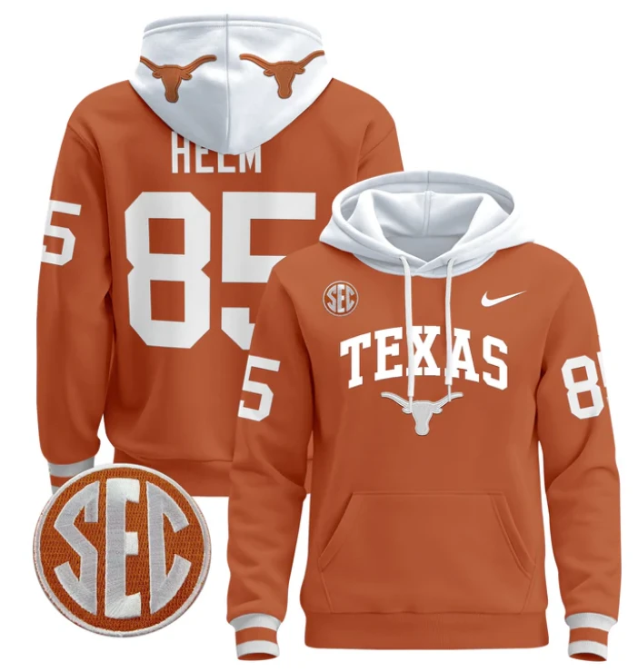 Men's Gunnar Helm Hoodie #85 Texas Longhorns Pullover by Hoodie Pullover