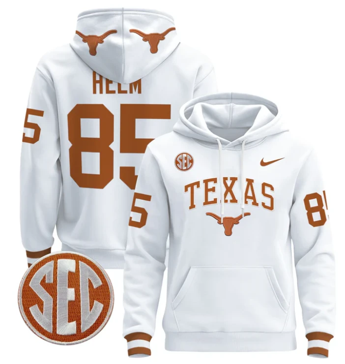 Men's Gunnar Helm Hoodie #85 Texas Longhorns Pullover by Hoodie Pullover