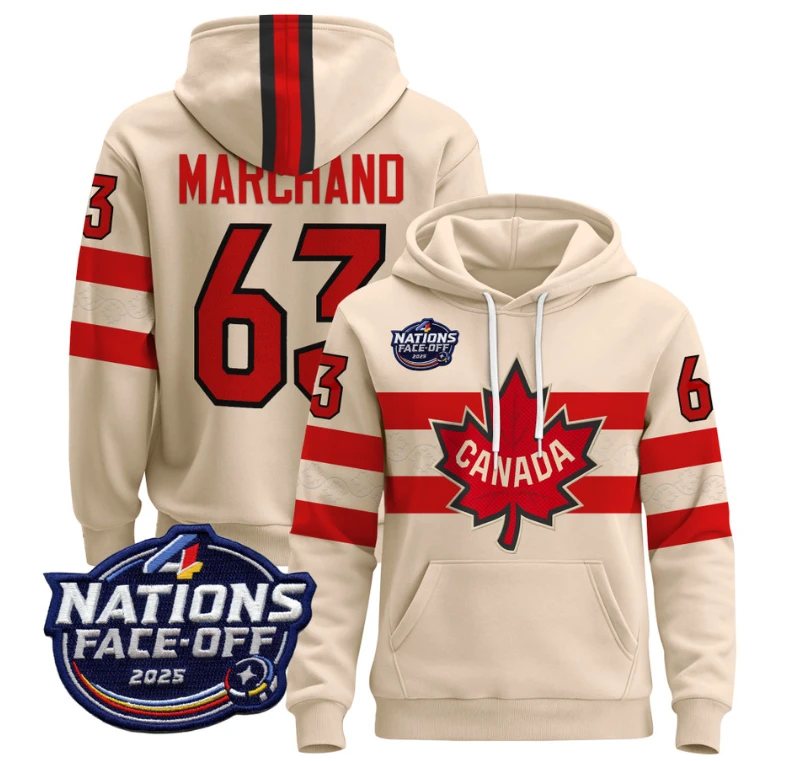 Men's JBrad Marchand Hoodie #63 Canada 4 Nations Face-Off 2025 Pullover V2 by Hoodie Pullover