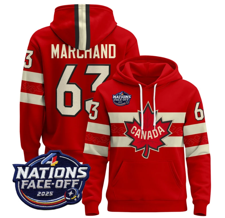 Men's JBrad Marchand Hoodie #63 Canada 4 Nations Face-Off 2025 Pullover V2 by Hoodie Pullover