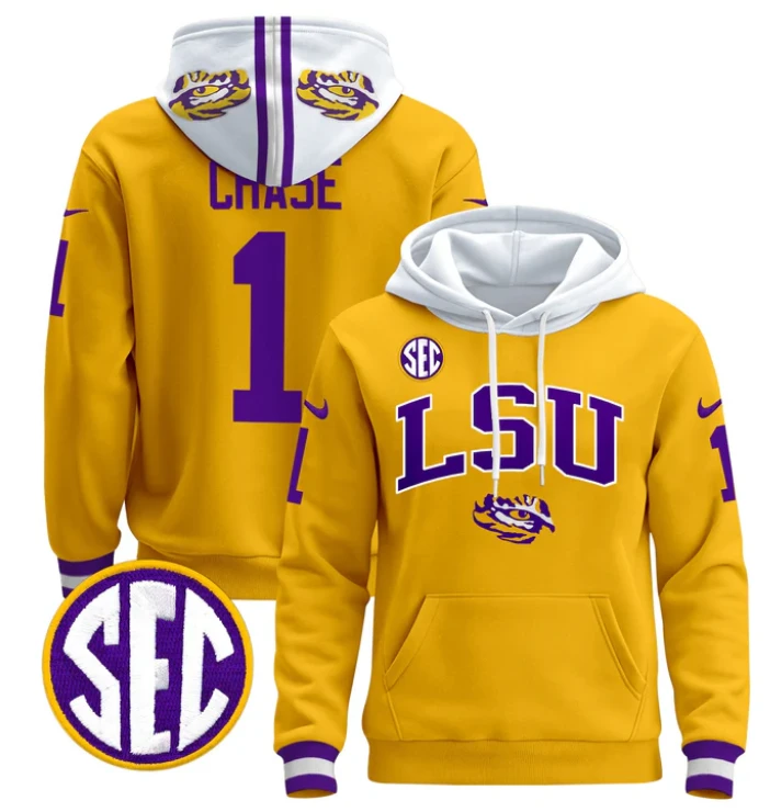 Ja'Marr Chase Hoodie #1 LSU Tigers 2024 Pullover Stitched by Hoodie Pullover