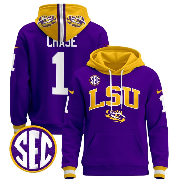 Ja'Marr Chase Hoodie #1 LSU Tigers 2024 Pullover Stitched by Hoodie Pullover