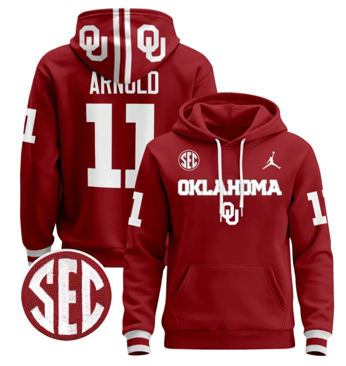 Men's Jackson Arnold Hoodie #11 Oklahoma Sooners 2024 Pullover V3 by Hoodie Pullover