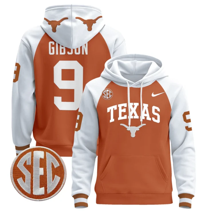 Men's Jerrick Gibson Hoodie #9 Texas Longhorns Pullover by Hoodie Pullover