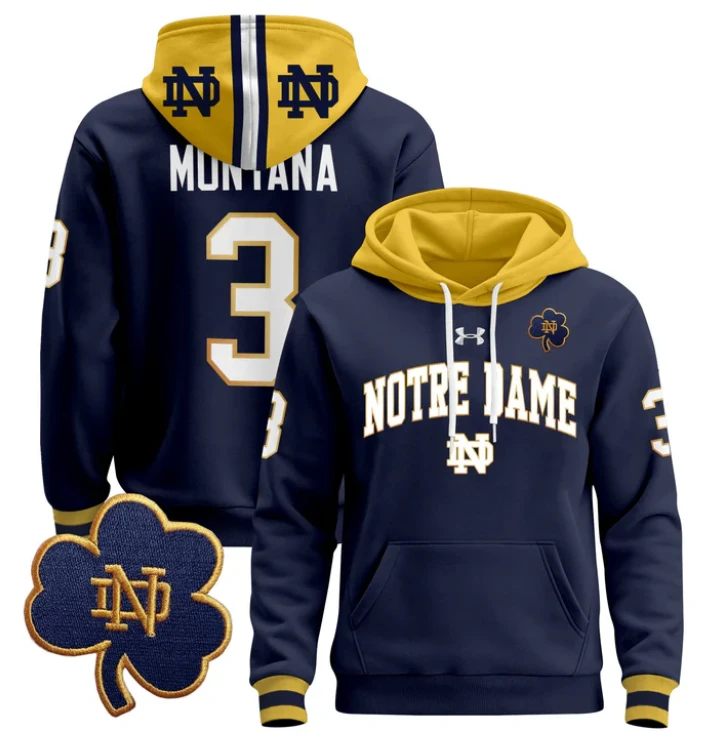 Men's Joe Montana Hoodie #3 Notre Dame Pullover Stitched by Hoodie Pullover