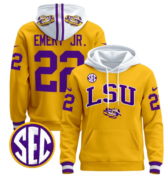 John Emery Jr Hoodie #22 LSU Tigers 2024 Pullover Stitched by Hoodie Pullover