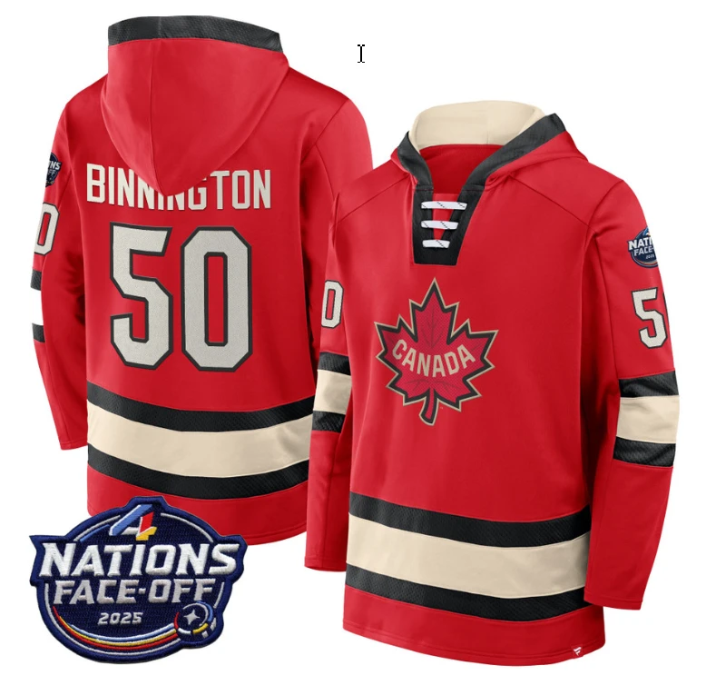 Men's Jordan Binnington Hoodie #50 Canada 4 Nations Face-Off 2025 Pullover Stitched by Hoodie Pullover
