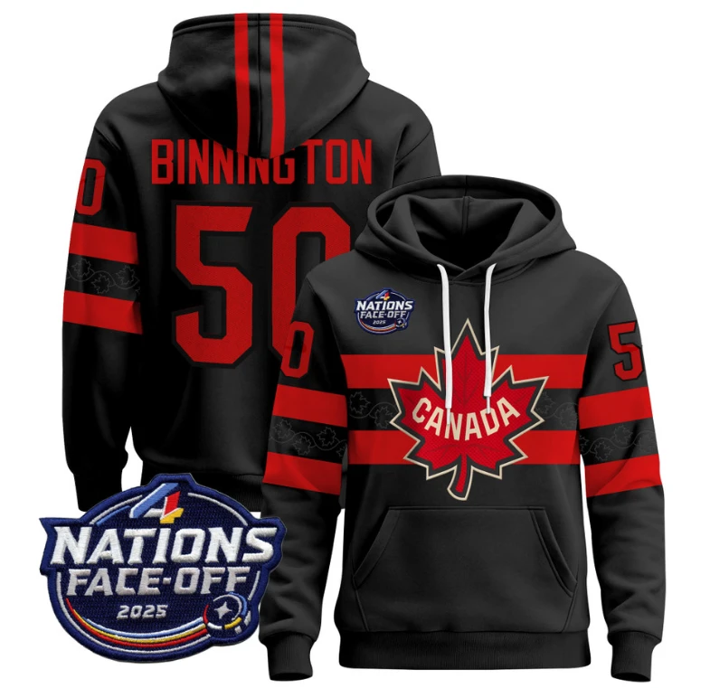 Men's Jordan Binnington Hoodie #50 Canada 4 Nations Face-Off 2025 Pullover Stitched by Hoodie Pullover