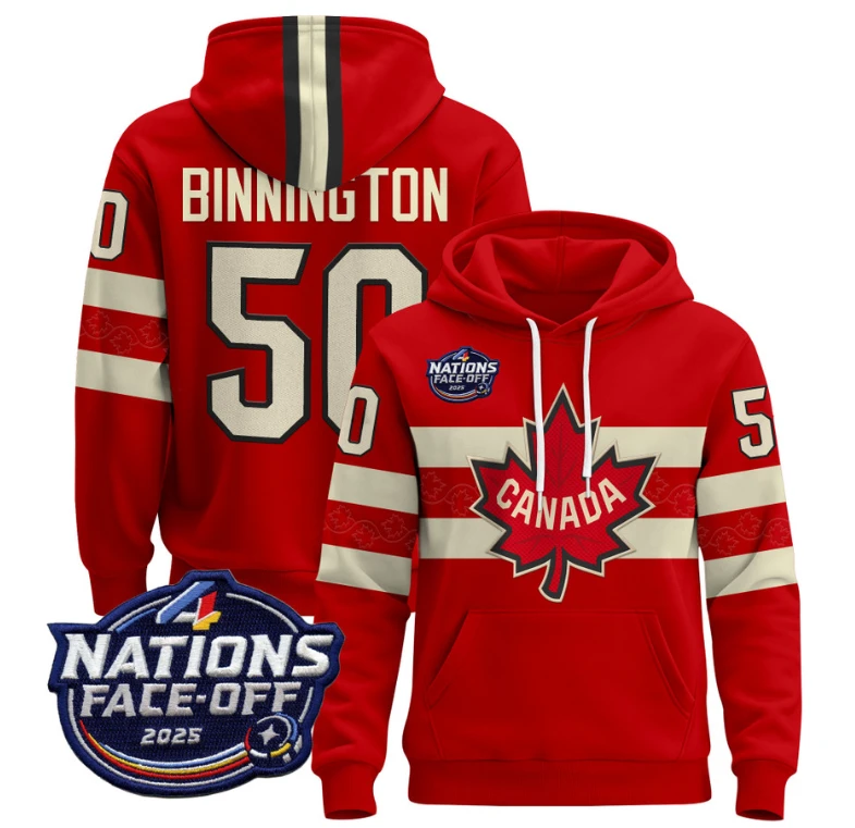 Men's Jordan Binnington Hoodie #50 Canada 4 Nations Face-Off 2025 Pullover Stitched by Hoodie Pullover