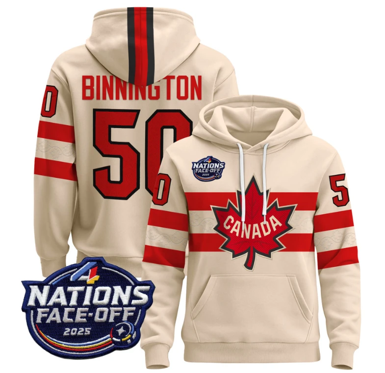 Men's Jordan Binnington Hoodie #50 Canada 4 Nations Face-Off 2025 Pullover Stitched by Hoodie Pullover