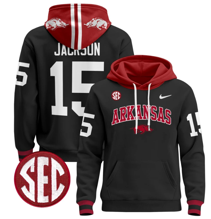 KJ Jackson Hoodie #15 Arkansas Razorbacks Pullover Black by Hoodie Pullover
