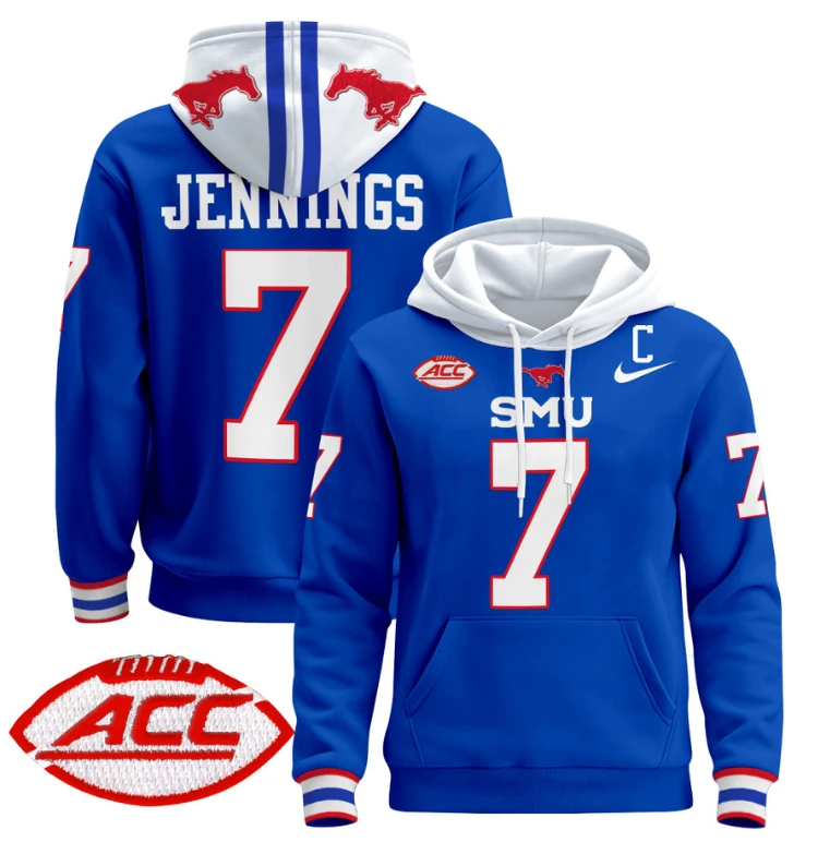 Men's Kevin Jennings Hoodie #7 SMU Mustangs Pullover ACC Patch by Hoodie Pullover