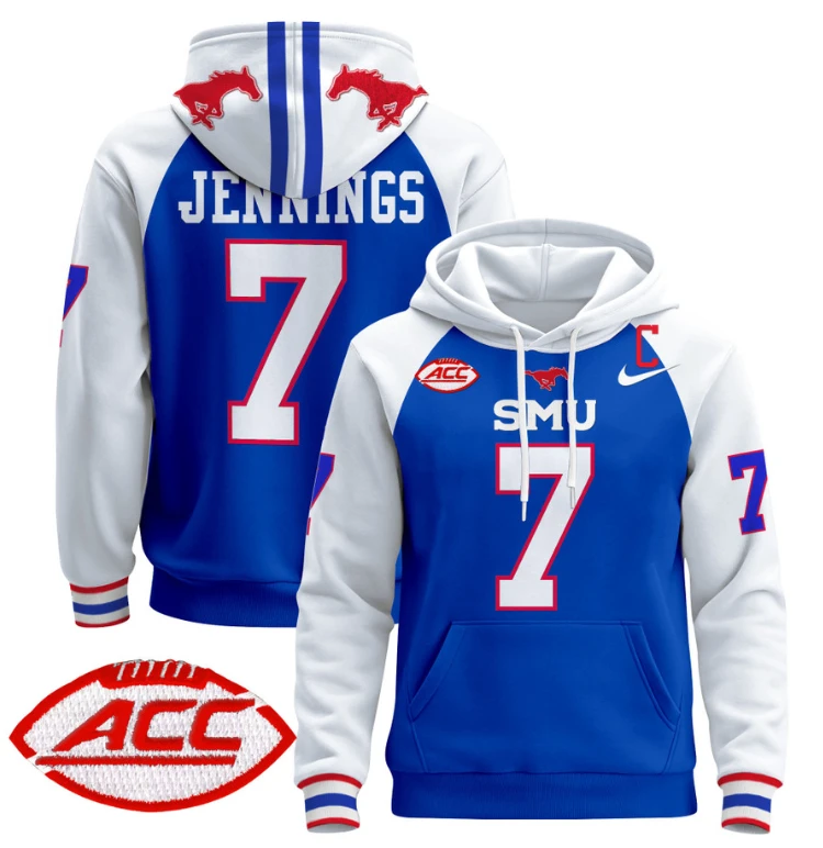 Men's Kevin Jennings Hoodie #7 SMU Mustangs Pullover ACC Patch by Hoodie Pullover