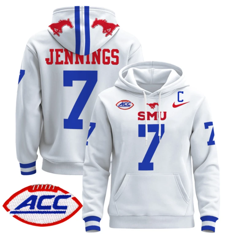 Men's Kevin Jennings Hoodie #7 SMU Mustangs Pullover ACC Patch by Hoodie Pullover