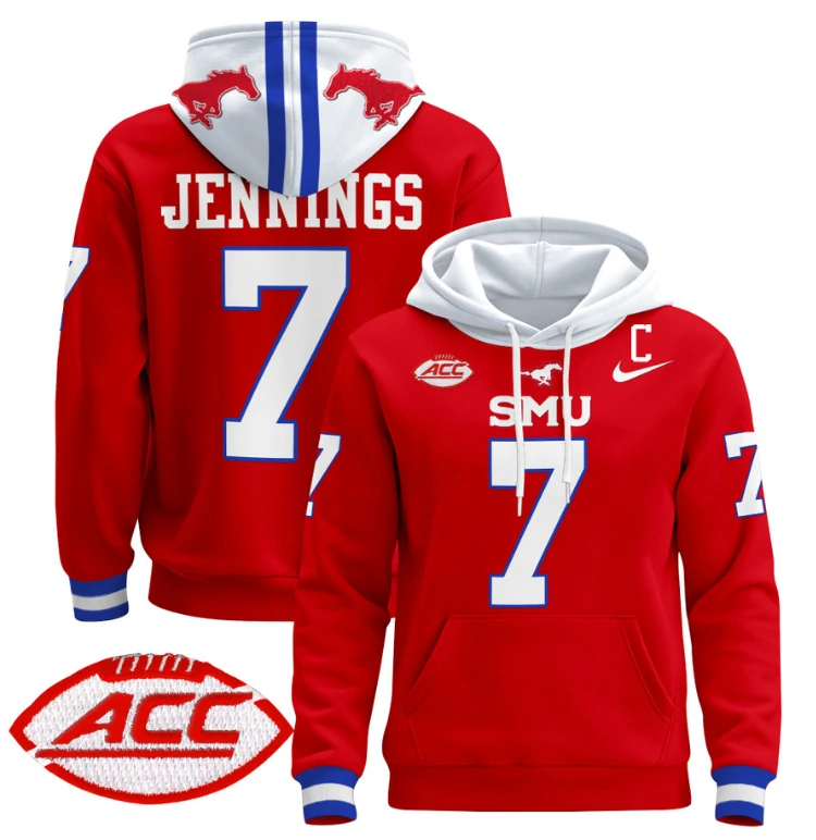 Men's Kevin Jennings Hoodie #7 SMU Mustangs Pullover ACC Patch by Hoodie Pullover