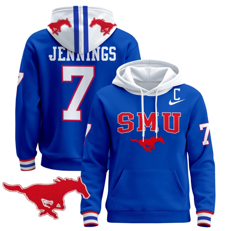 Men's Kevin Jennings Hoodie #7 SMU Mustangs Pullover V2 Stitched by Hoodie Pullover