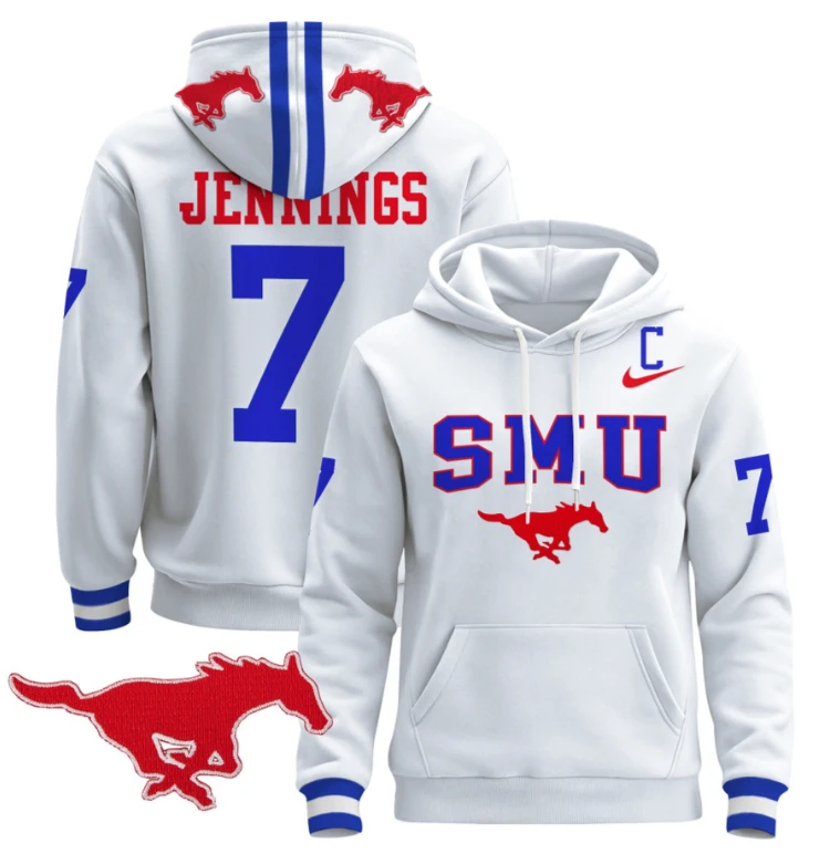 Men's Kevin Jennings Hoodie #7 SMU Mustangs Pullover V2 Stitched by Hoodie Pullover