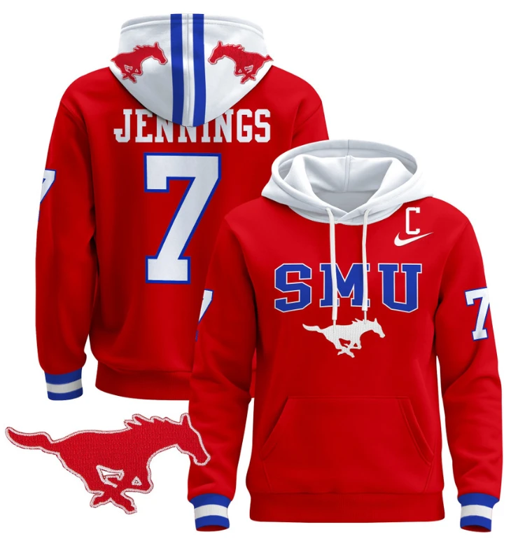 Men's Kevin Jennings Hoodie #7 SMU Mustangs Pullover V2 Stitched by Hoodie Pullover