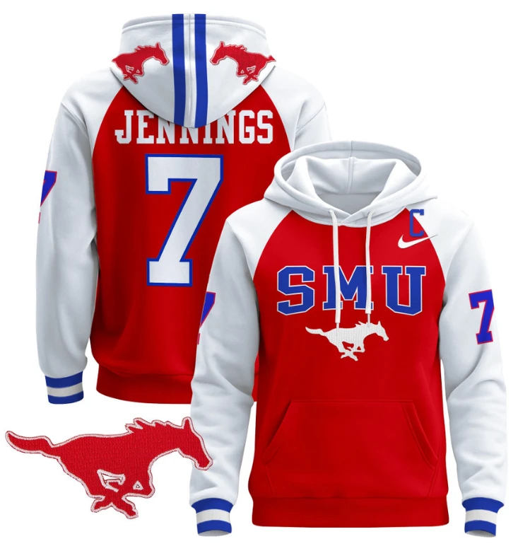 Men's Kevin Jennings Hoodie #7 SMU Mustangs Pullover V2 Stitched by Hoodie Pullover