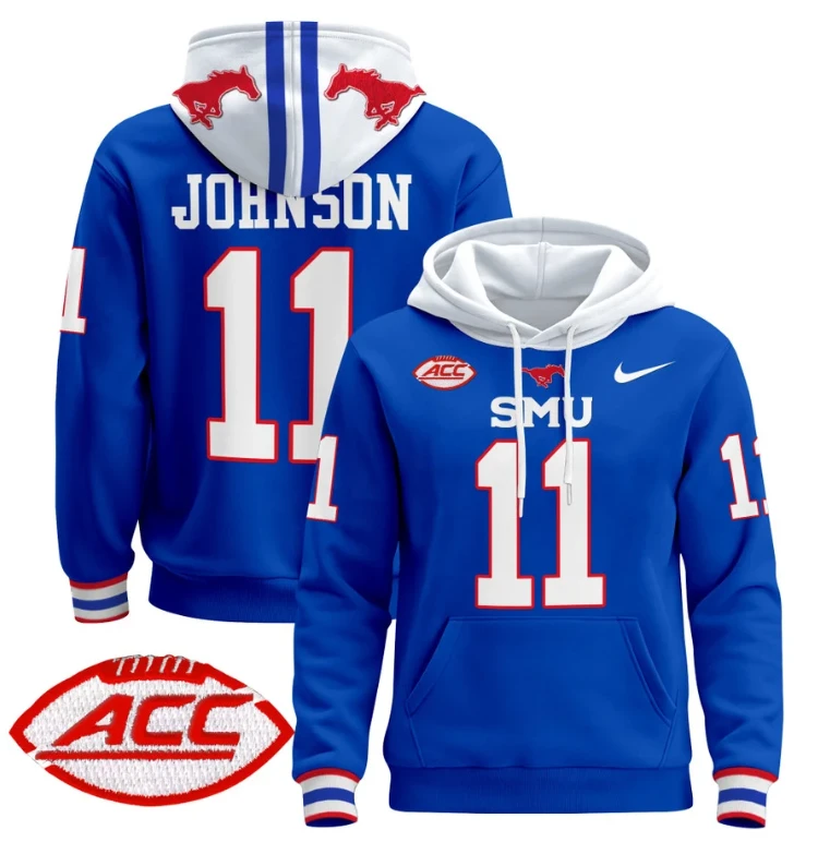 Men's LJ Johnson Jr Hoodie #11 SMU Mustangs Pullover ACC Patch by Hoodie Pullover