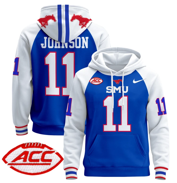 Men's LJ Johnson Jr Hoodie #11 SMU Mustangs Pullover ACC Patch by Hoodie Pullover