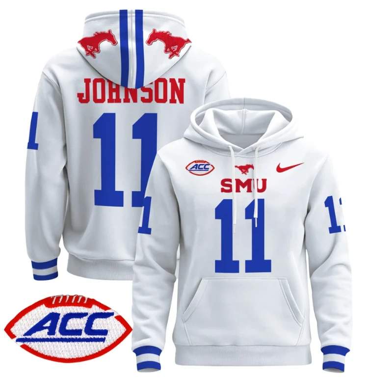 Men's LJ Johnson Jr Hoodie #11 SMU Mustangs Pullover ACC Patch by Hoodie Pullover