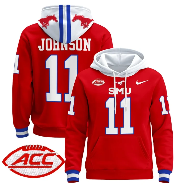 Men's LJ Johnson Jr Hoodie #11 SMU Mustangs Pullover ACC Patch by Hoodie Pullover
