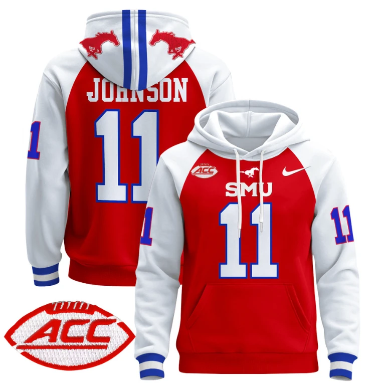 Men's LJ Johnson Jr Hoodie #11 SMU Mustangs Pullover ACC Patch by Hoodie Pullover