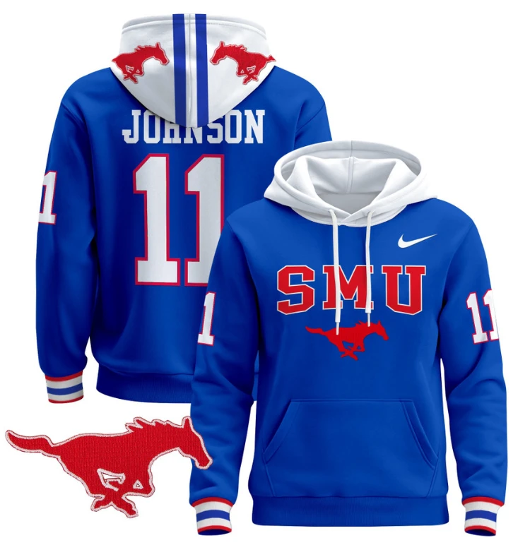 Men's LJ Johnson Jr Hoodie #11 SMU Mustangs Pullover V2 Stitched by Hoodie Pullover