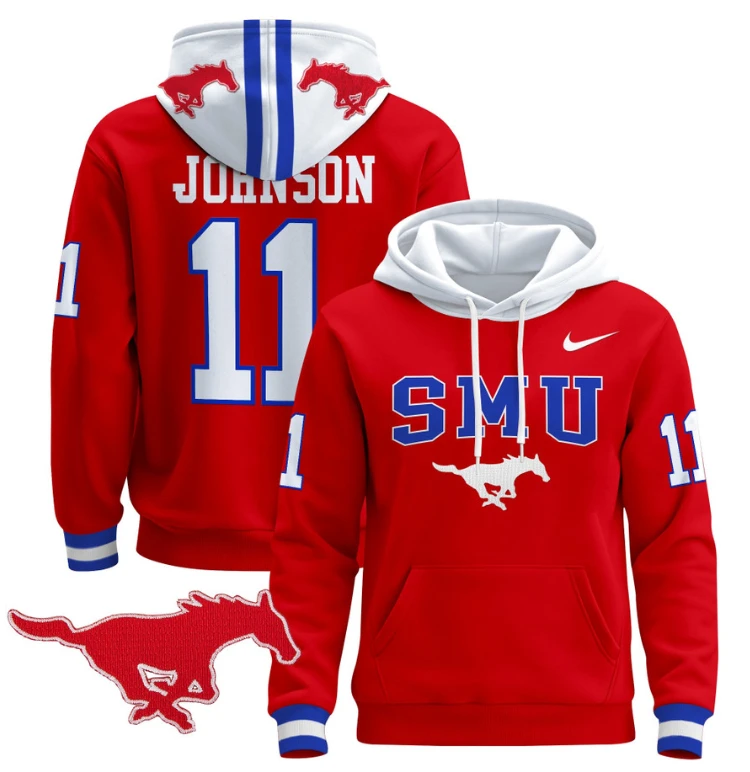 Men's LJ Johnson Jr Hoodie #11 SMU Mustangs Pullover V2 Stitched by Hoodie Pullover