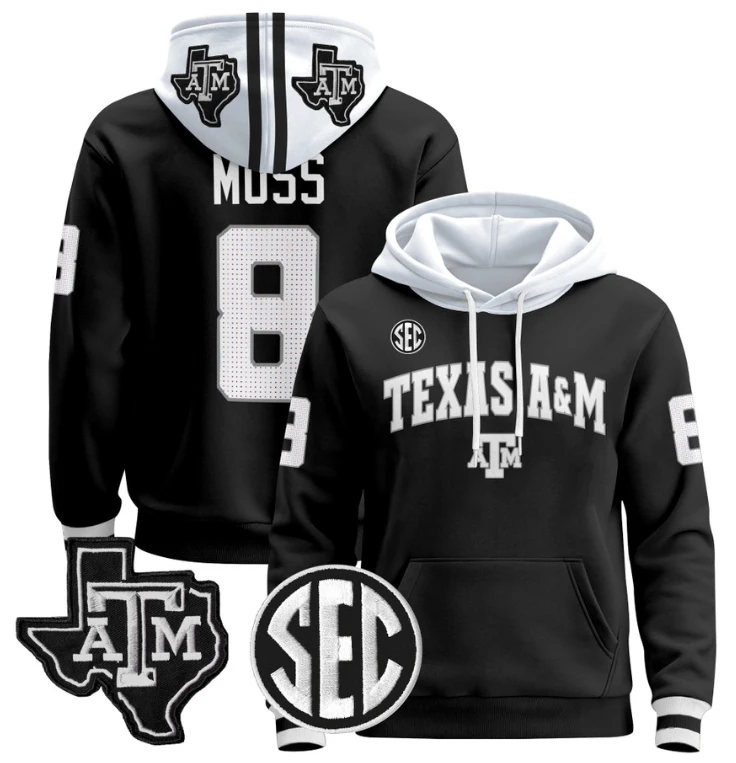 Le'Veon Moss Hoodie #8 Texas A&M Aggies Pullover Stitched Black by Hoodie Pullover