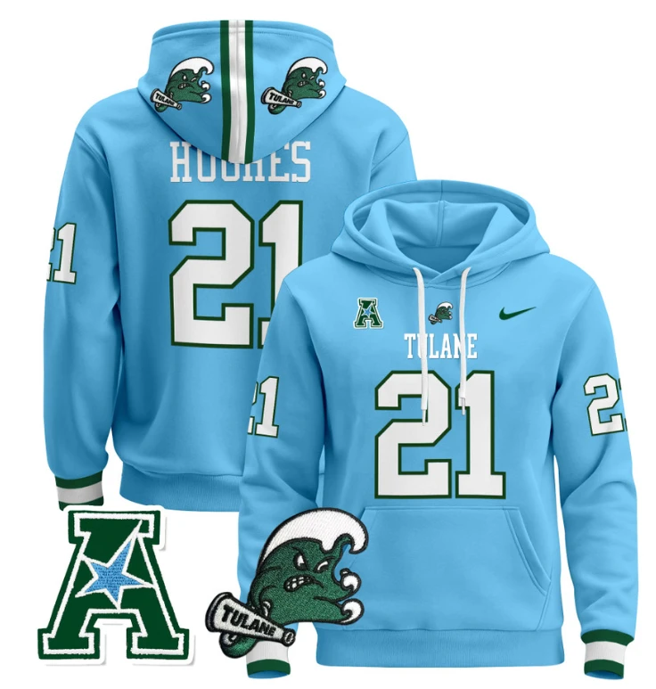 Makhi Hughes Hoodie #21 Tulane Green Wave Pullover Blue Alternate by Hoodie Pullover