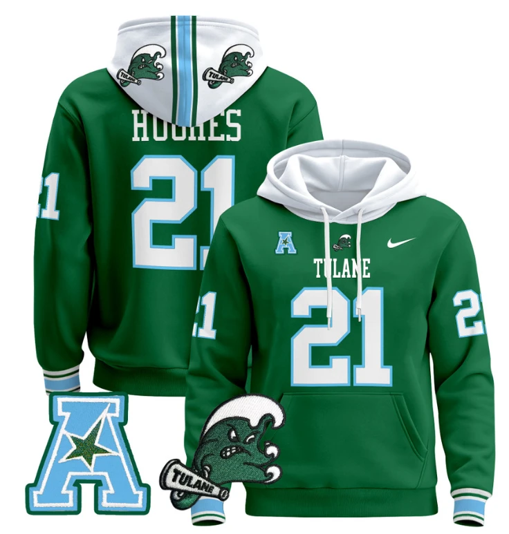 Makhi Hughes Hoodie #21 Tulane Green Wave Pullover Blue Alternate by Hoodie Pullover