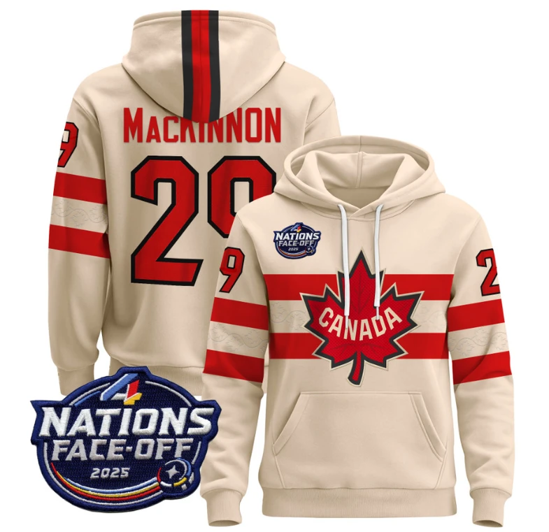 Men's Nathan MacKinnon Hoodie #29 Canada 4 Nations Face-Off 2025 Pullover Stitched by Hoodie Pullover