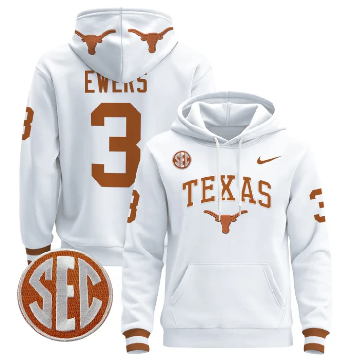 Men's Quinn Ewers Hoodie #3 Texas Longhorns Pullover Stitched by Hoodie Pullover